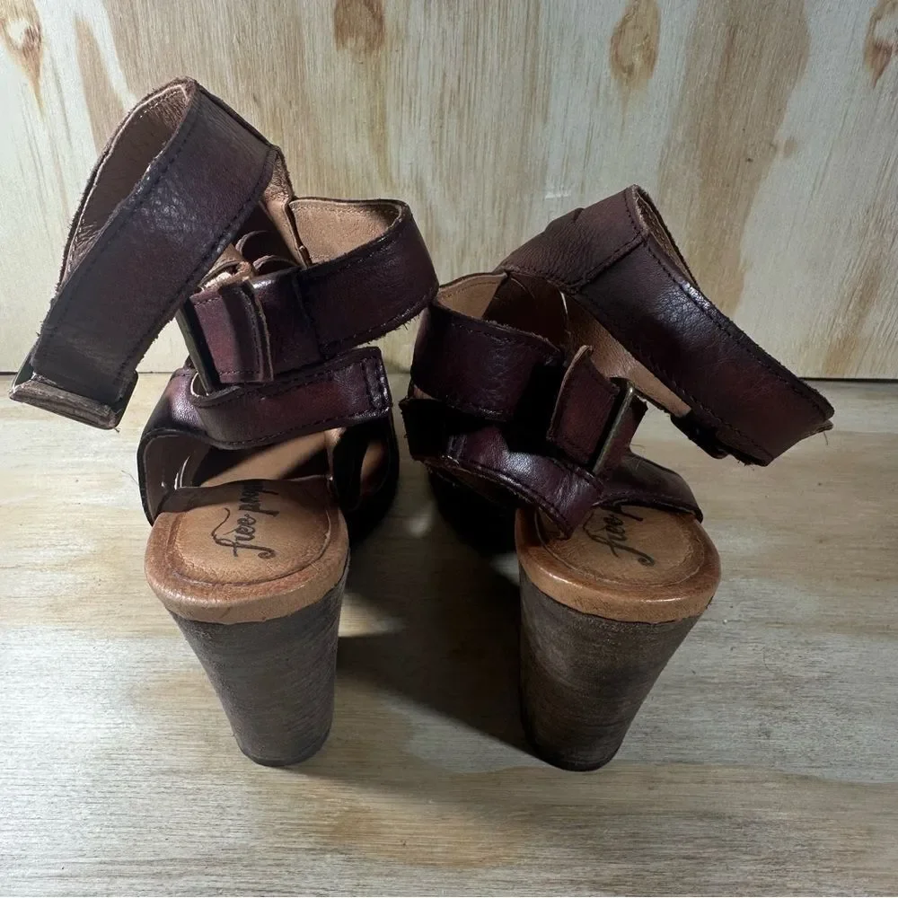 Free People  Dark Brown Leather Cutout Block Heel Sandals Women’s Size 9.5
